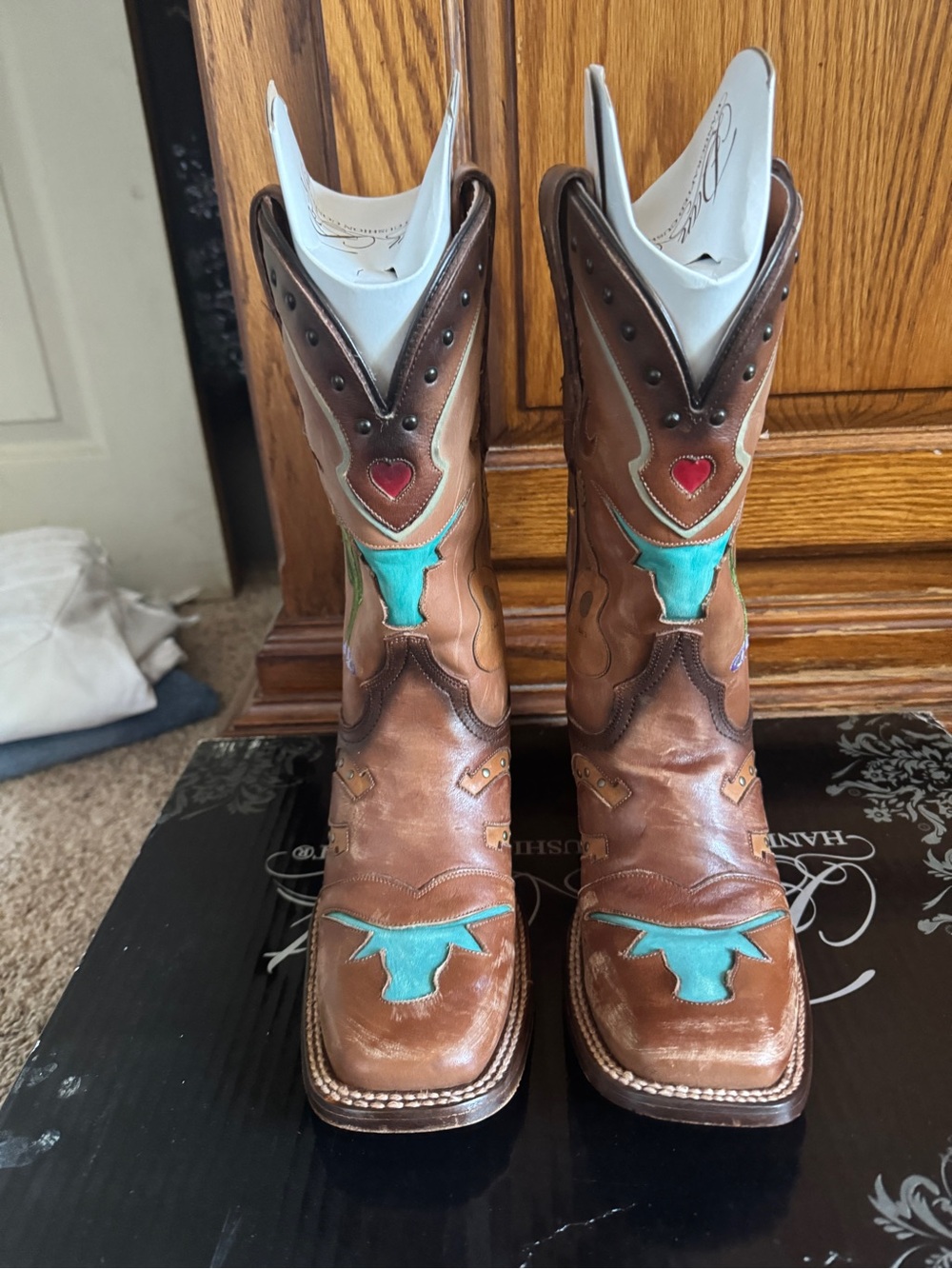 Dan Post Brown Leather Western Heeled Boots with Turquoise and Red Accents